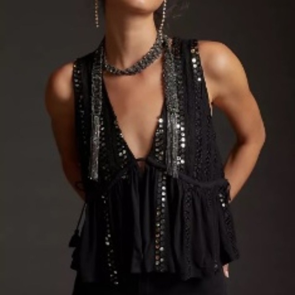 Anthropologie Sequined V-Neck Tank Forever That Girl - size XL